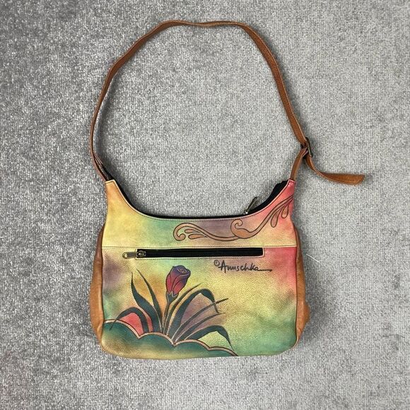 ANUSCHKA Shoulder Bag Purse Leather Hand-Painted Butterfly Floral Print Brown - Picture 4 of 7